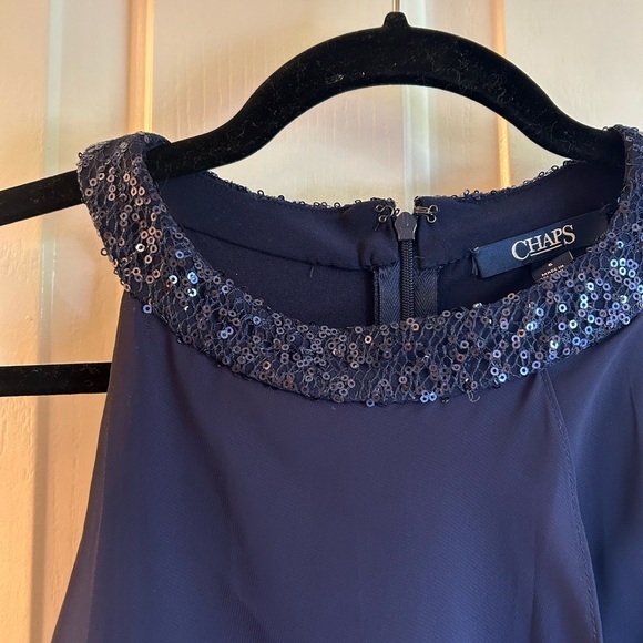 Chaps Navy Sequin Neck Chiffon Ruffled Dress Size 6 - Picture 2 of 7